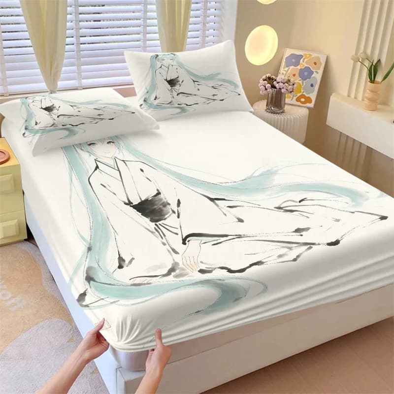 3Pcs Hatsune Miku Japanese Ink Wash Fitted Sheet Set Zen Style Anime Bed Cover with Pillowcases Teens Room Fans Room Decor Gift