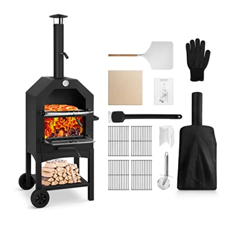 Forno per Pizza a Legna da Esterno per Patio con Struttura in Pietra, Include Pala, Griglia e Copertura Impermeabile, Ideale per Giardino/Cortile