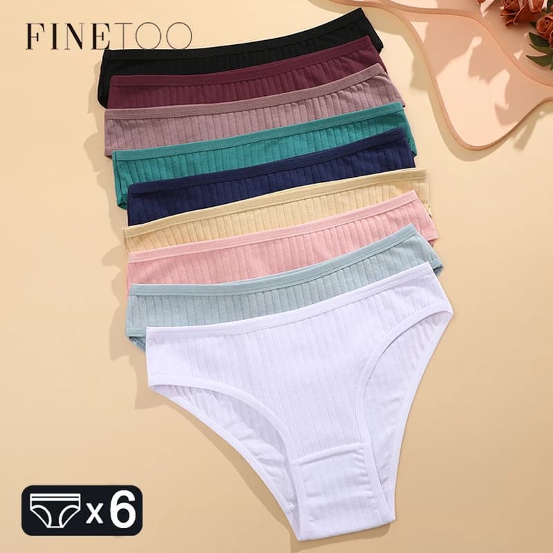 FINETOO 6PCS/SET Women's Cotton Panties Sexy Soft Striped Underpants Solid Color Briefs Female Comfortable Stretch Lingerie M-XL