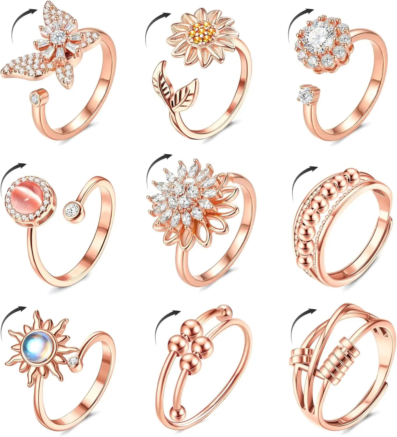 MILACOLATO Anello Antistress Placcato Oro 14K da Donna, Regolabile, con Zirconi Cubici, Farfalla, Girasole e Perline Girevoli