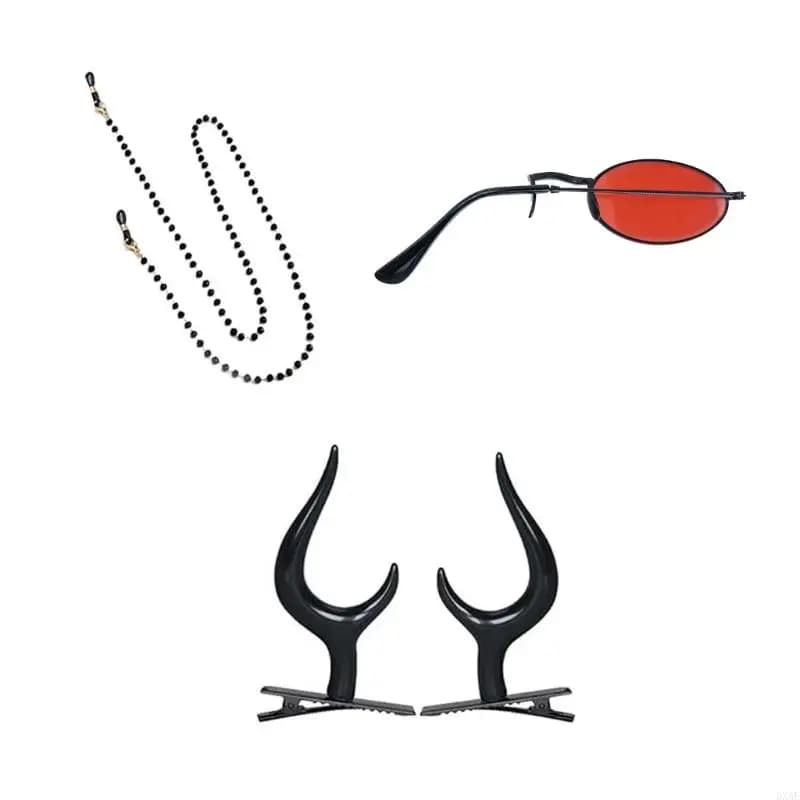 DXAE Occhiali monoculari con catena Corna da diavolo Fermagli per capelli Occhiali da sole monocolo Alastor Accessori per per