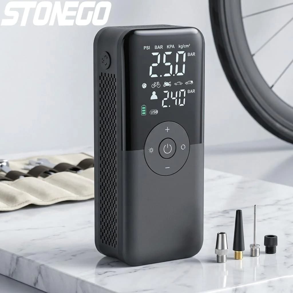 Compressore d'Aria Portatile Ricaricabile Senza Fili con Manometro Digitale per Auto, Moto, Biciclette e Palloni Sportivi