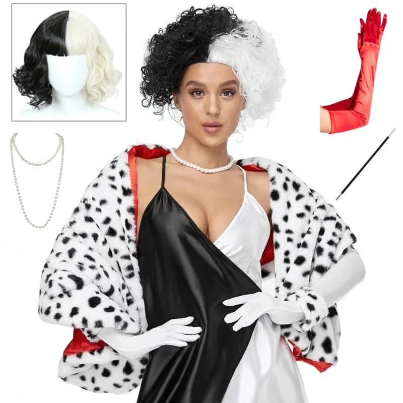 Cruella Dalmatian Leopard Print Cape Shawl Scarf Cloak Black White Witch Wig Halloween Costume Party Role Play For Women