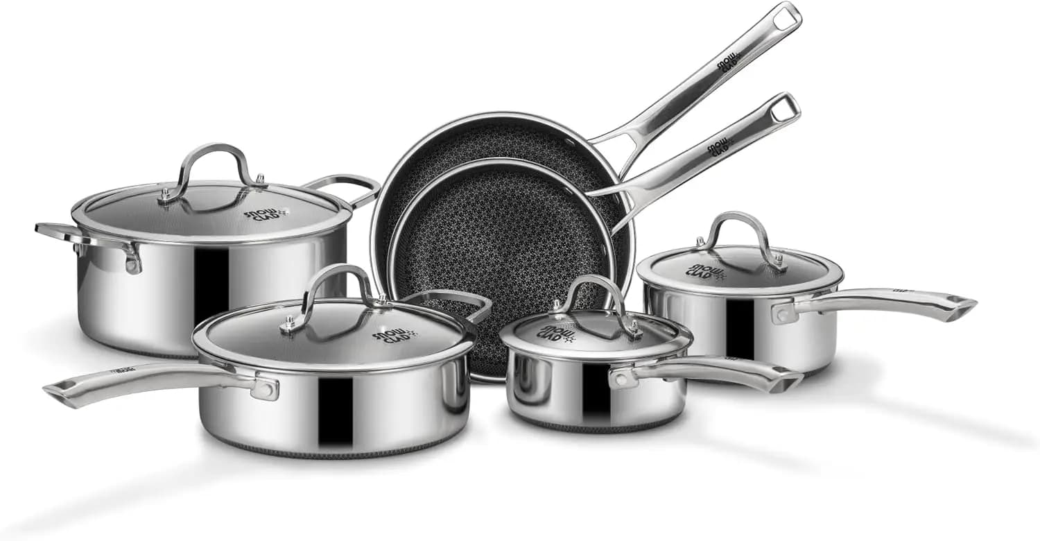 Set di Pentole e Padelle Antiaderenti, 10 Pezzi, Set di Utensili da Cucina in Acciaio Inox Ibrido, Padelle Antiaderenti
