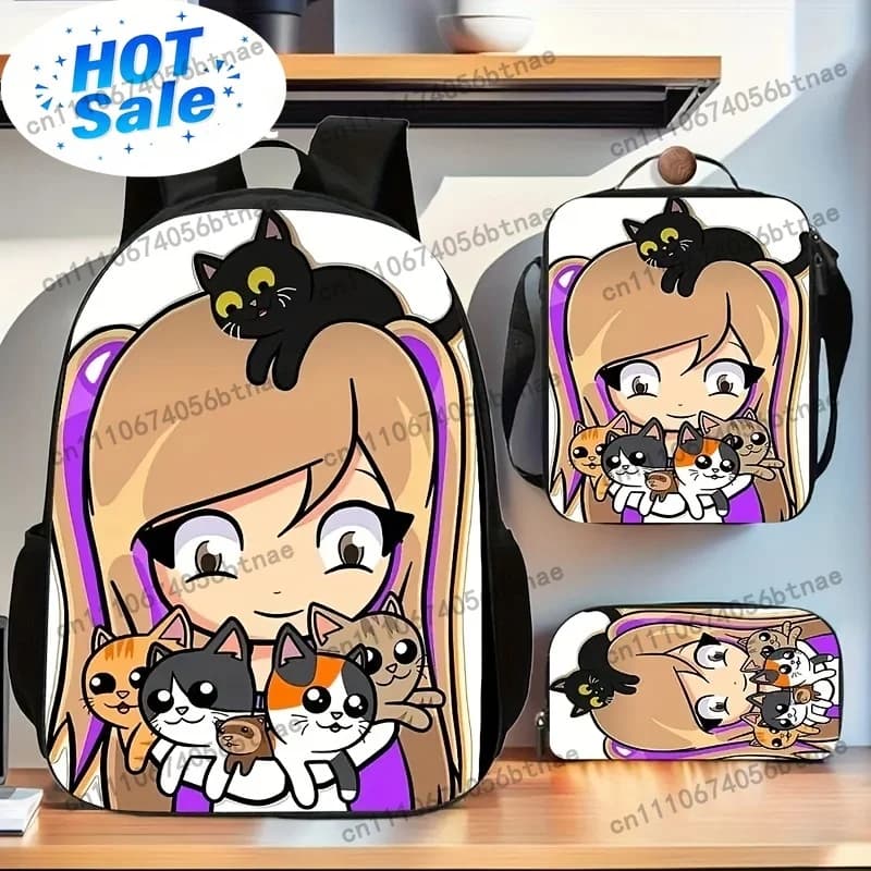 Lyna Vallejos 3pcs Adorable Cat And Cartoon Girl Backpack Collection - Includes a Backpack, Messenger, And Pencil Case | Lightwe
