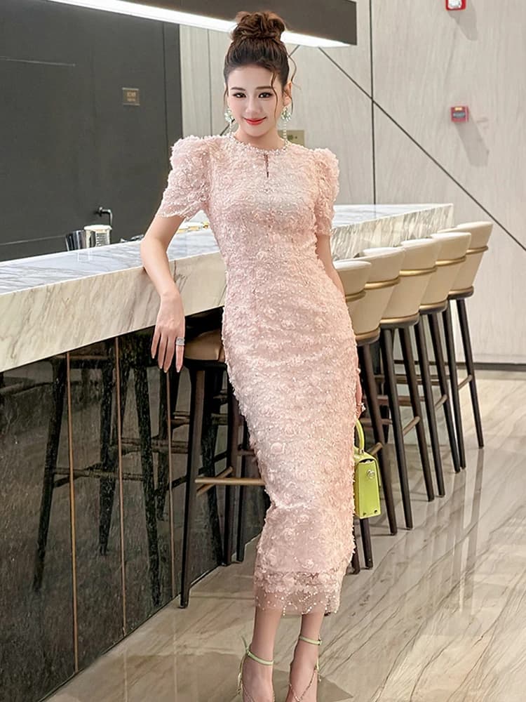 Summer New Women Pink 3D Flower Lace Hollow Evening Dress Elegant Sweet Slim Fit Midi Cocktail Party Gown Ladies Robe Vestidos