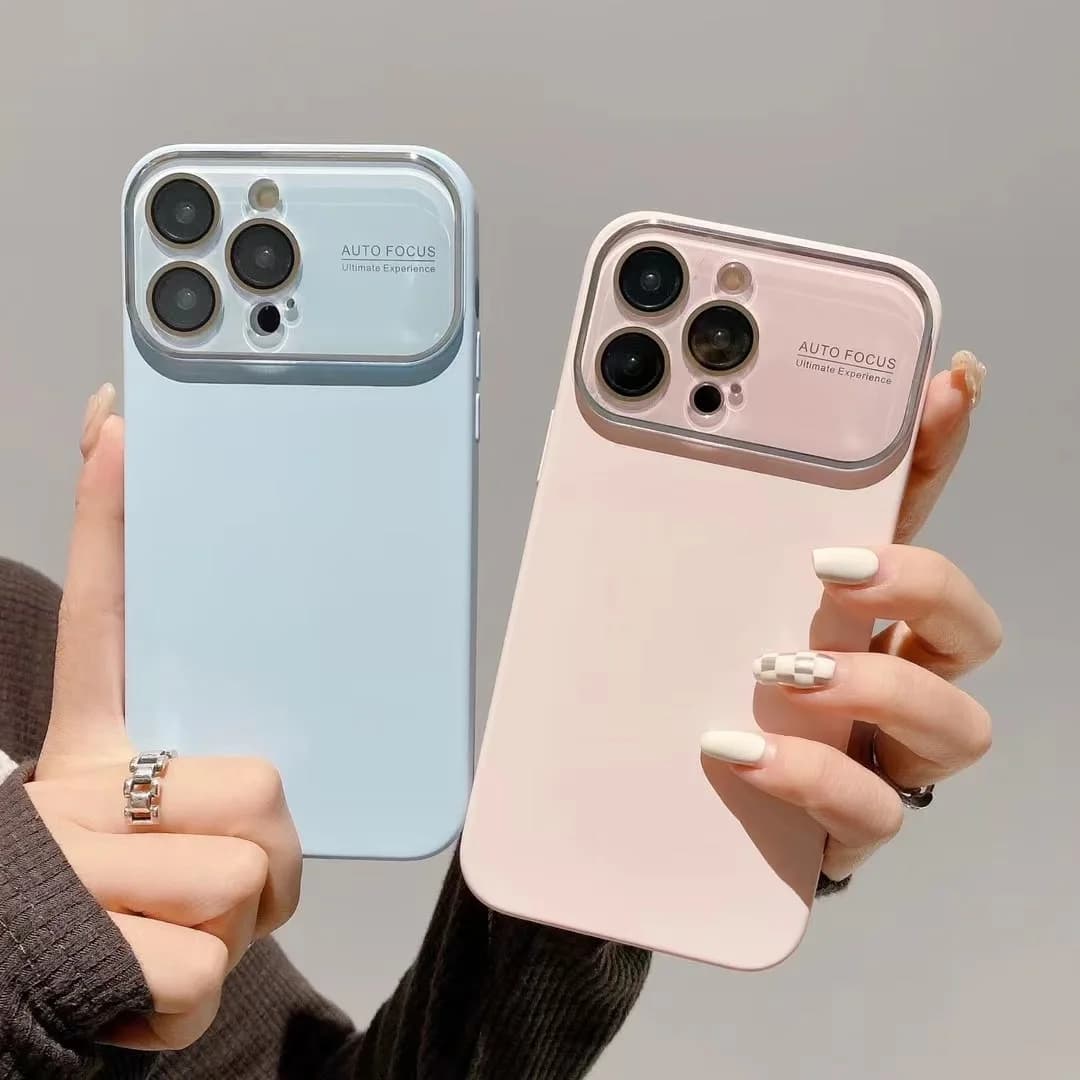 Custodia antiurto per protezione obiettivo con finestra grande, in silicone liquido tinta unita per iPhone 11-15 Pro Max