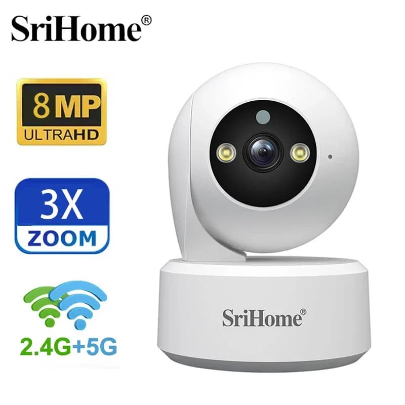 Srihome 5G WiFi Smart IP HD Camera 8MP AI Rilevamento umano Telecamera di sorveglianza per visione notturna a colori Smart Life Baby Monitor Smart Home