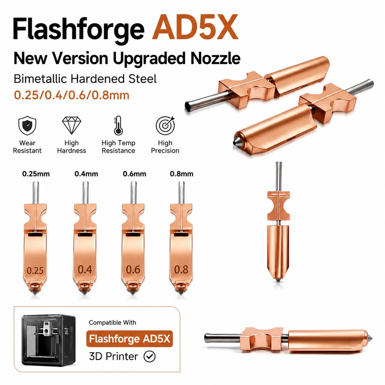 Flashforge AD5X Nuova Versione Ugello Aggiornato in Acciaio Bimetallico Temprato 0.2/0.4/0.6/0.8mm Parti di Ricambio per Stampante 3D