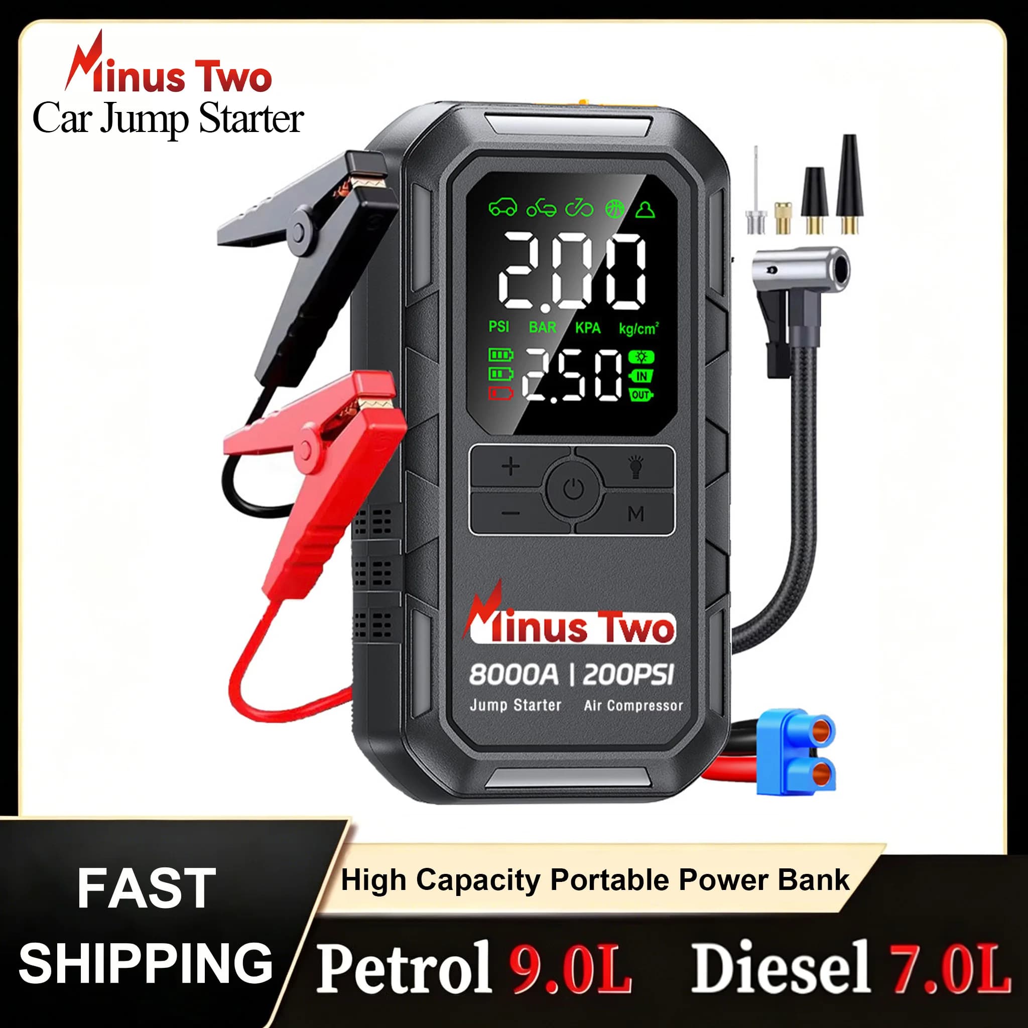 Car Jump Starter All-in-One Roadside Rescue Tool 150PSI Tire Inflator Power Bank