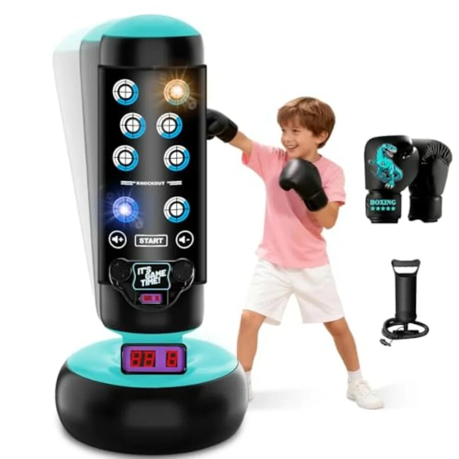 Sacco da Boxe Gonfiabile da 66 Pollici con Guanti e Supporto per Bambini dai 4 ai 12 Anni, Design Colorato con Luci e Musica, Ideale per Karate e Taekwondo