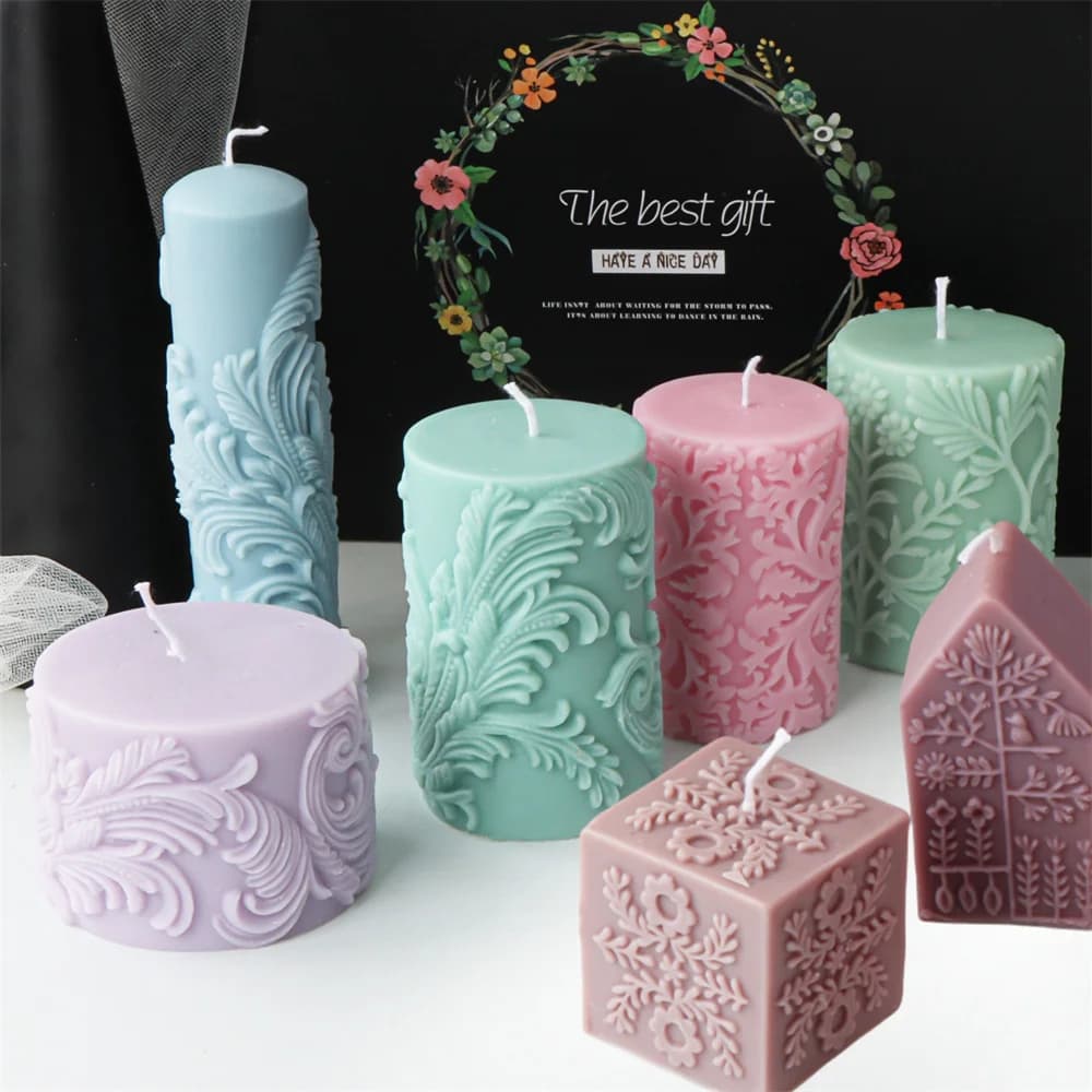 Model Totem Pillar Silicone Candle Mold Embossed Flower Cube Sheets Column/Cilindrico/Home Shape Resin Gesso Stamp Home Decorations
