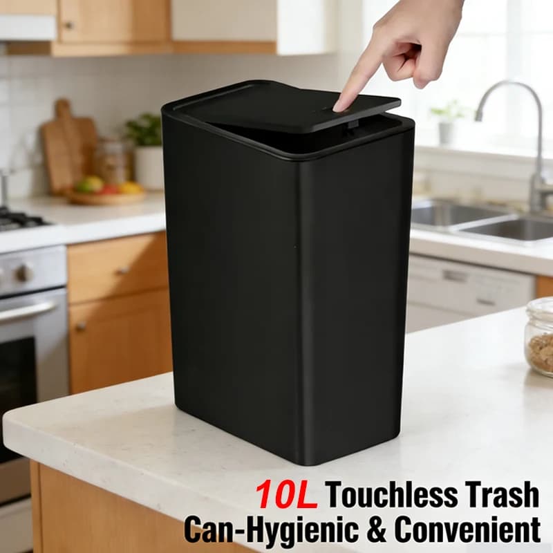 Cestino per rifiuti da bagno nero da 10 litri con coperchio a scomparsa, contenitore compatto in plastica per la pulizia di cucina, alimenti e residui di pasti