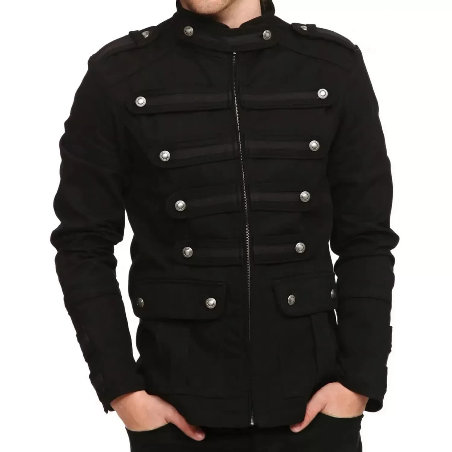 Giacca da uomo con fascia uniforme da parata militare vintage Steampunk gotico nero