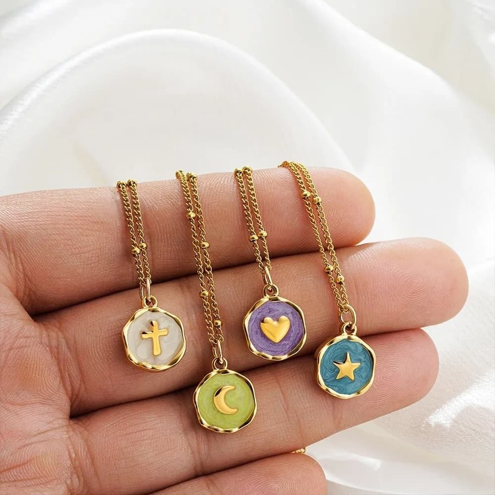 Collana Punk Geometrica con Ciondolo Colorato in Smalto a Forma di Cuore, Luna, Stella, Croce e Opale, in Acciaio Inossidabile, Gioielli da Donna