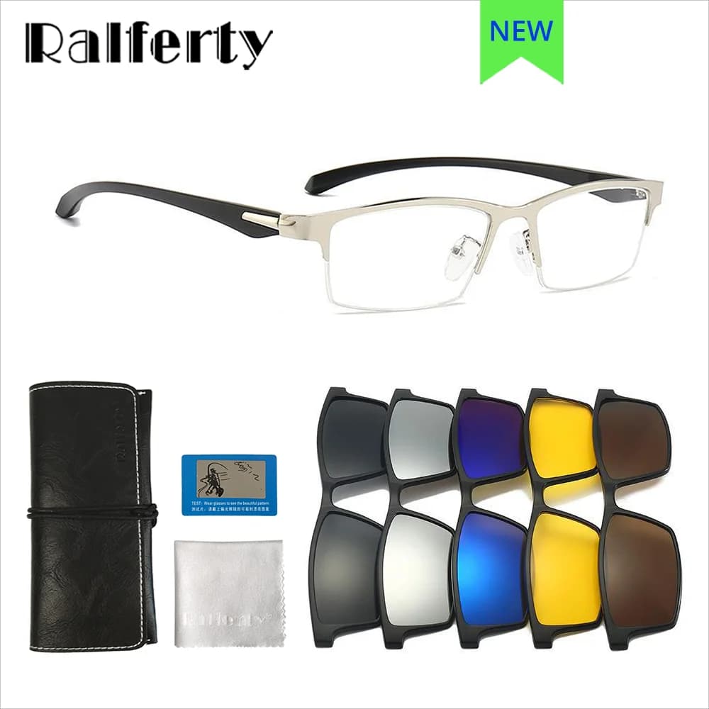 5 In 1 Rectangle Magnet Sunglasses Men Polarized Clip On Glasses for Men Half Metal Frame Male 0 Diopter Optic Myopia Eyewear