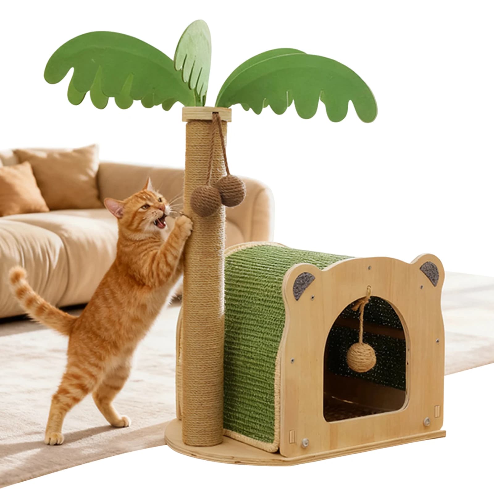 Tiragraffi per Gatti in Legno a Forma di Albero di Cocco con Palline Appese, Giocattolo Interattivo in Legno per Gattini e Gatti