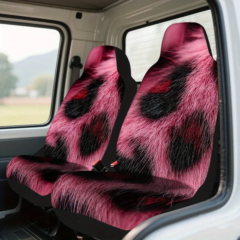 Set Of 2, Pink Themed Leopard Print Car Seat Covers – Universally Compatible, Durable High-Quality Full Set For Front Seats, Sty