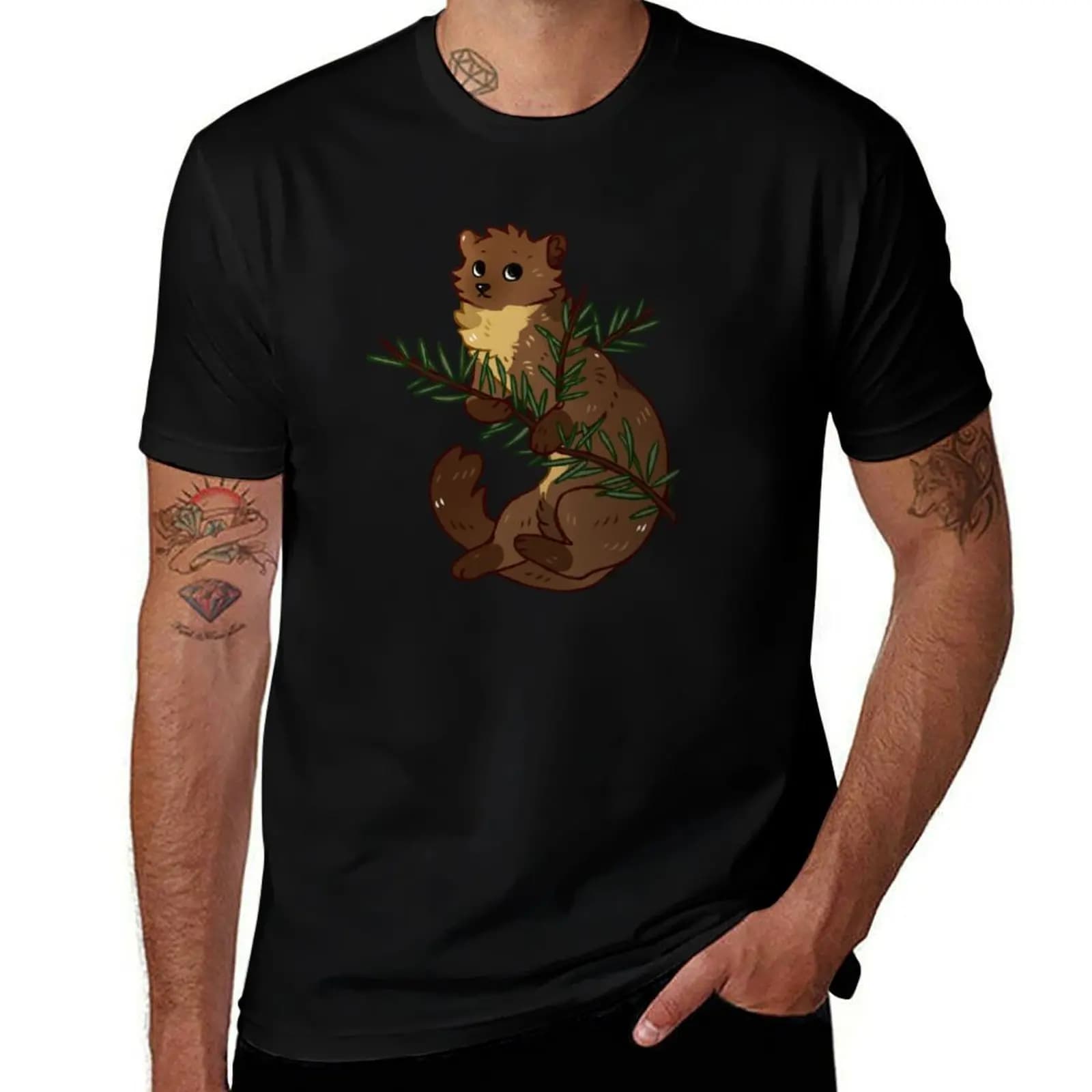 European Pine Marten with Pine Needles T-Shirt Work Short Sleeve Cotton Top