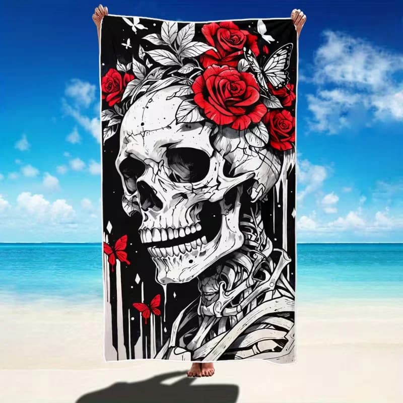 Asciugamano da spiaggia con teschio e rose rosse, stampa artistica con illustrazione gotica, asciugamano assorbente ad asciugatura rapida, resistente alla sabbia, per spiaggia, piscina, viaggi, vacanze
