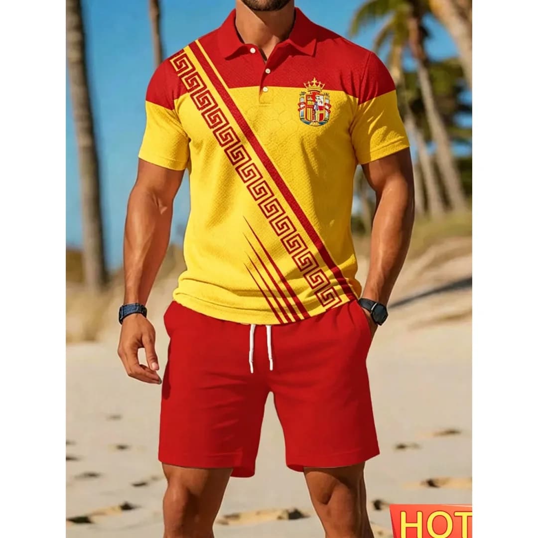 Summer Men Polo Set Spain Element Pattern Men's Two Piece Set Outdoor sports polo+shorts Breathable vacation men's matching sets