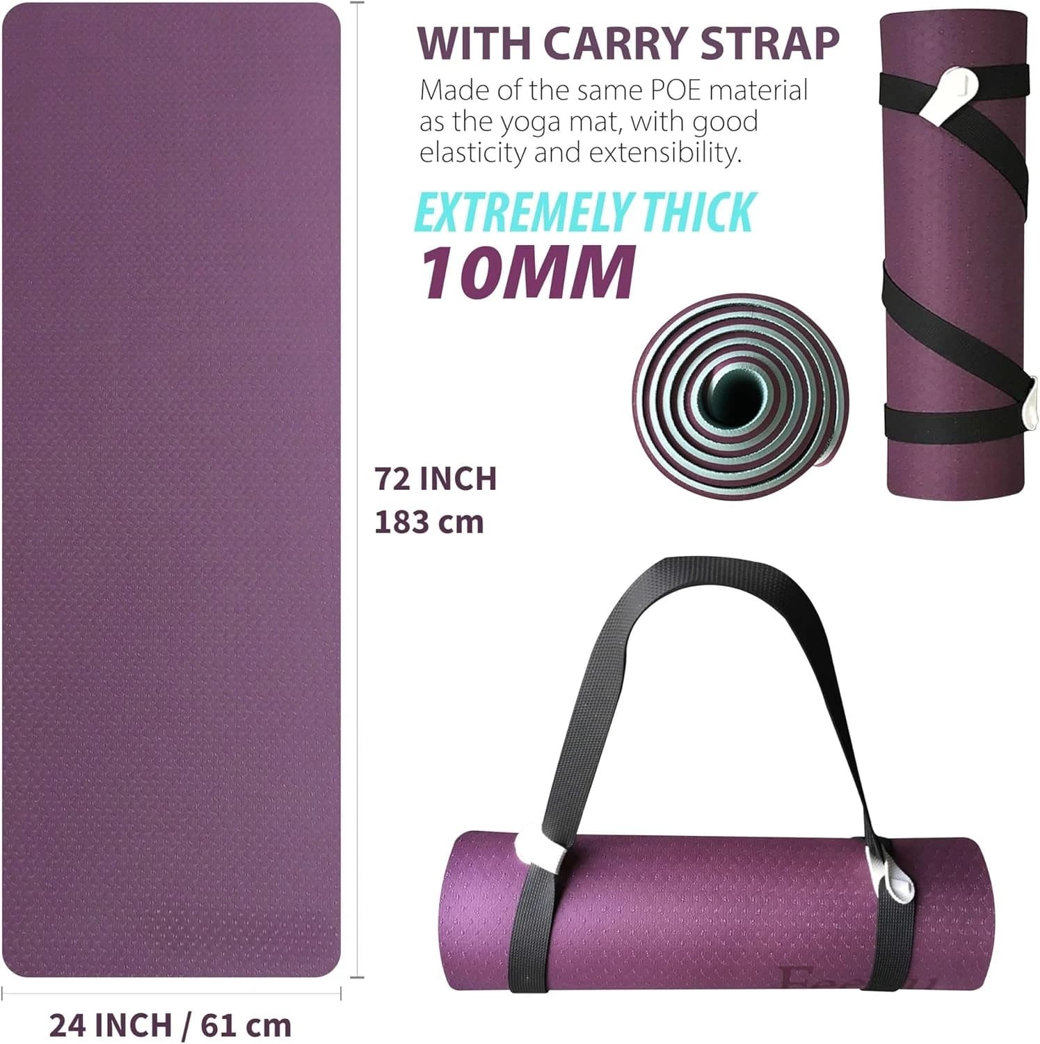 Yoga mat for extra exercises with strap - 2/5 inches (10 mm), anti-slip workout mat for yoga exercises, pilates and floor · Hot sale