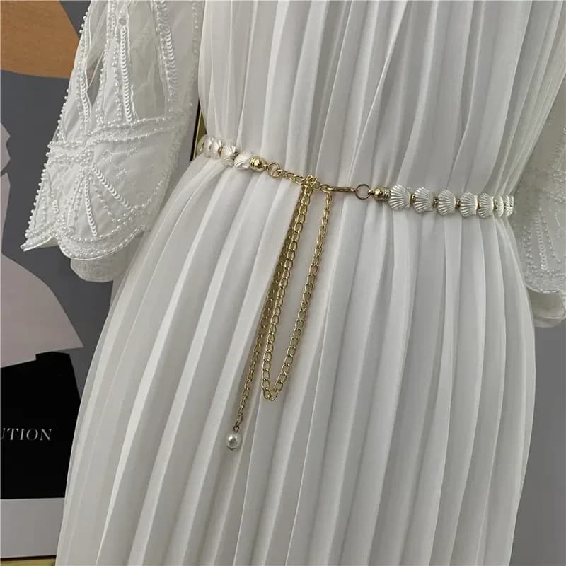 1 pz nuova cintura da donna, cintura in metallo sottile da donna decorativa con catena in vita con perle di conchiglia, cintura da donna con cento abiti coordinati