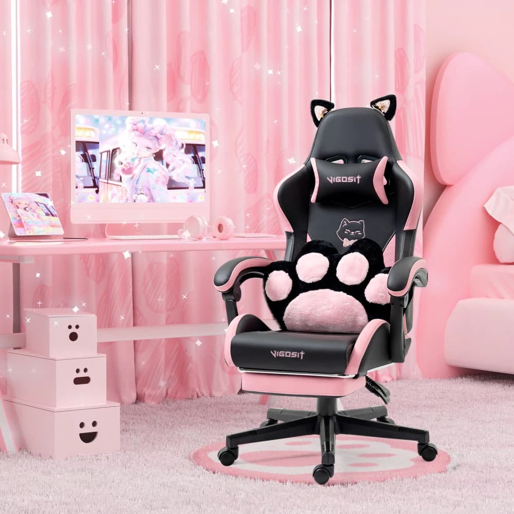 High-quality, Safe, Practical, and Adorable Cat-themed Gaming Chair with Detachable 3D Embroidered Cat Ears and Paw-shaped Lumbar Support. Optimal Comfort and Spinal Support. A Multi-functional Gaming Chair Suitable for Girls, Teenagers, and Women.