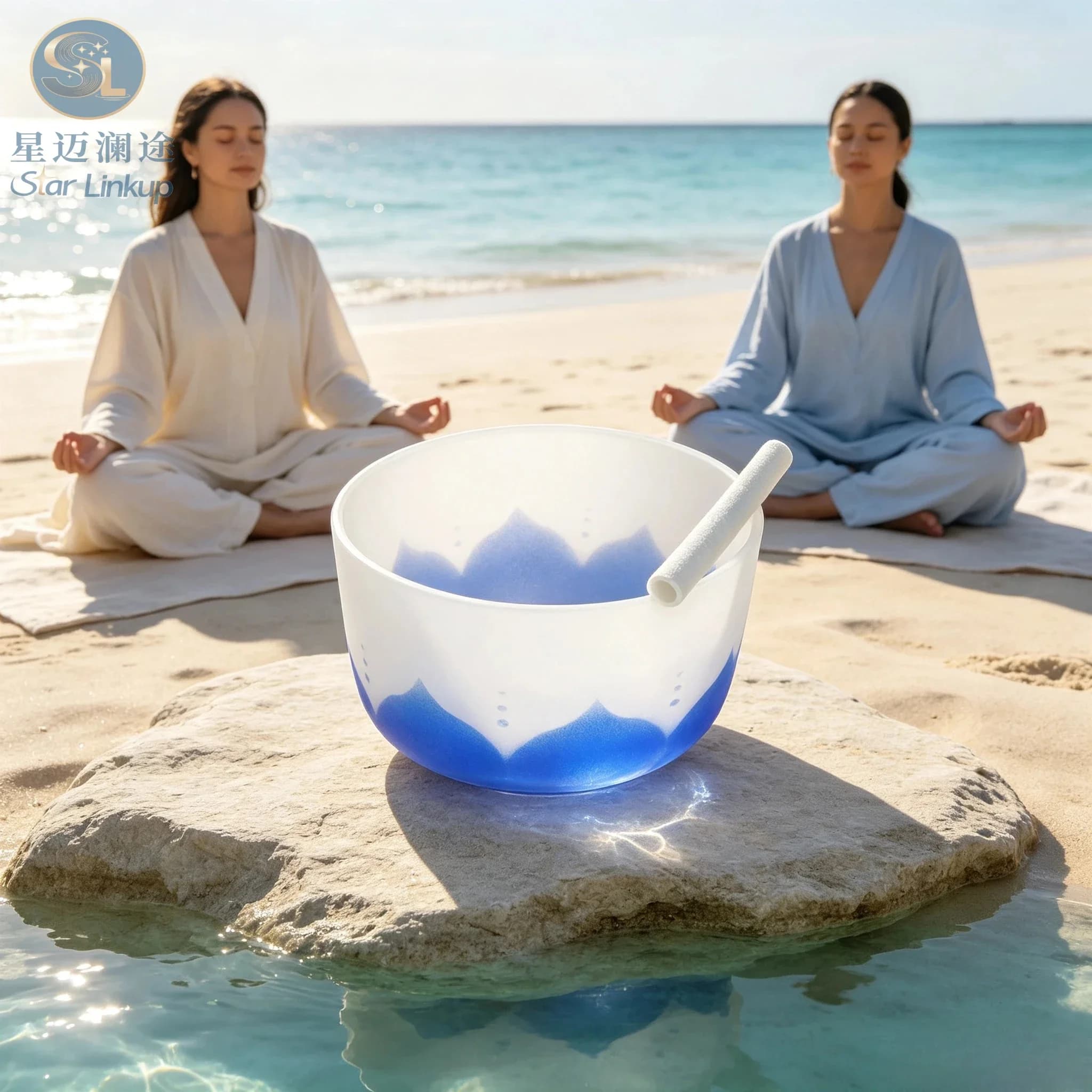 Star Linkup 13" D Note Blue Lotus Gradient Frosted Quartz Crystal Singing Bowl Throat Chakra Sound Healing Bowl With Sheepskin Striker for Yoga Sound Bath Meditation Energy Balancing