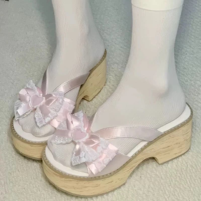 Sweet Bow Wood Grain Thick Bottom Platform Slippers Women Summer Japanese Cos Comfortable High Heeled Sandals
