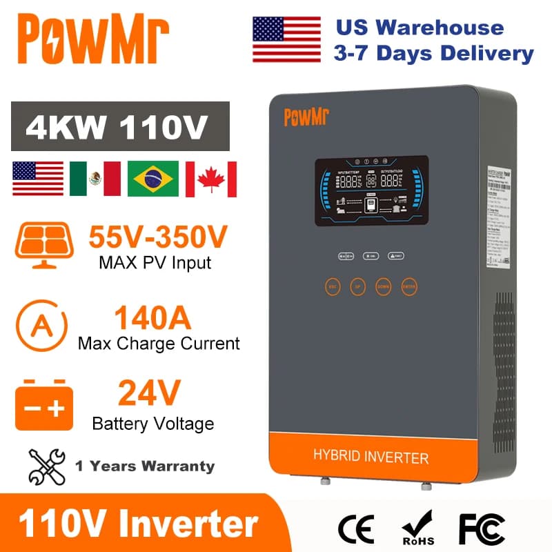 PowMr 4KW Inverter solare ibrido da 24 V a 110 V Off Grid Inverter Funziona senza batteria con caricabatteria solare MPPT 140 A