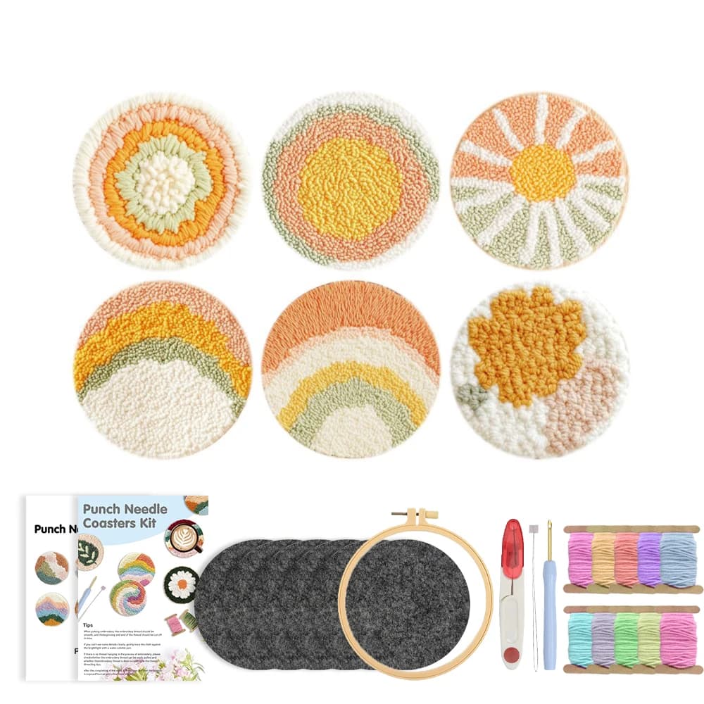 RUOPOTY 6pcs Punch Needle Coaster Yellow Sunshine Punch Needle Kits Picture Art Supplies Landscape Punch Needle Tool Wall Decor