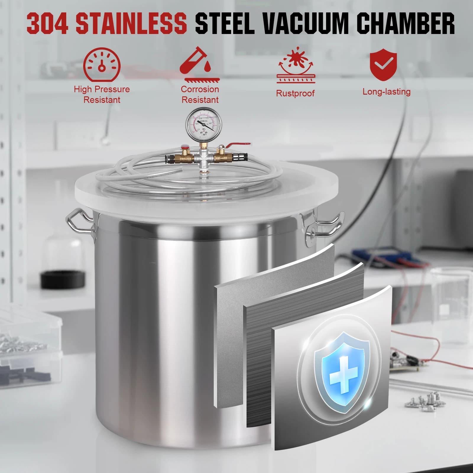 304 Stainless Steel Degassing Chamber Kit with Clear Lid Industrial Vacuum Degassing Barrel for Casting Silicone Essential Oils