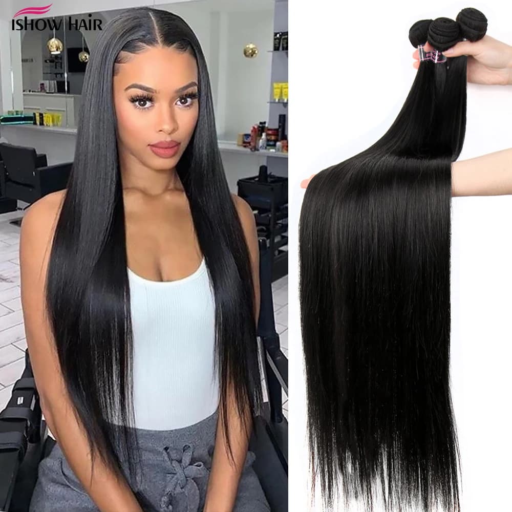 Peruvian smooth hair band Ishow smooth human hair bundles with bone hair extensions Remy 8-30 inches for black women 1/3/4 pieces