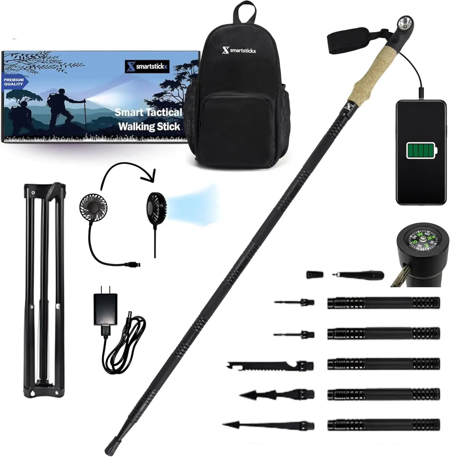 Bastone da Trekking Tattico Pieghevole con Luce LED, Ricarica USB, Impugnatura in Sughero – Bastone in Alluminio Aeronautico per Escursionismo, Campeggio
