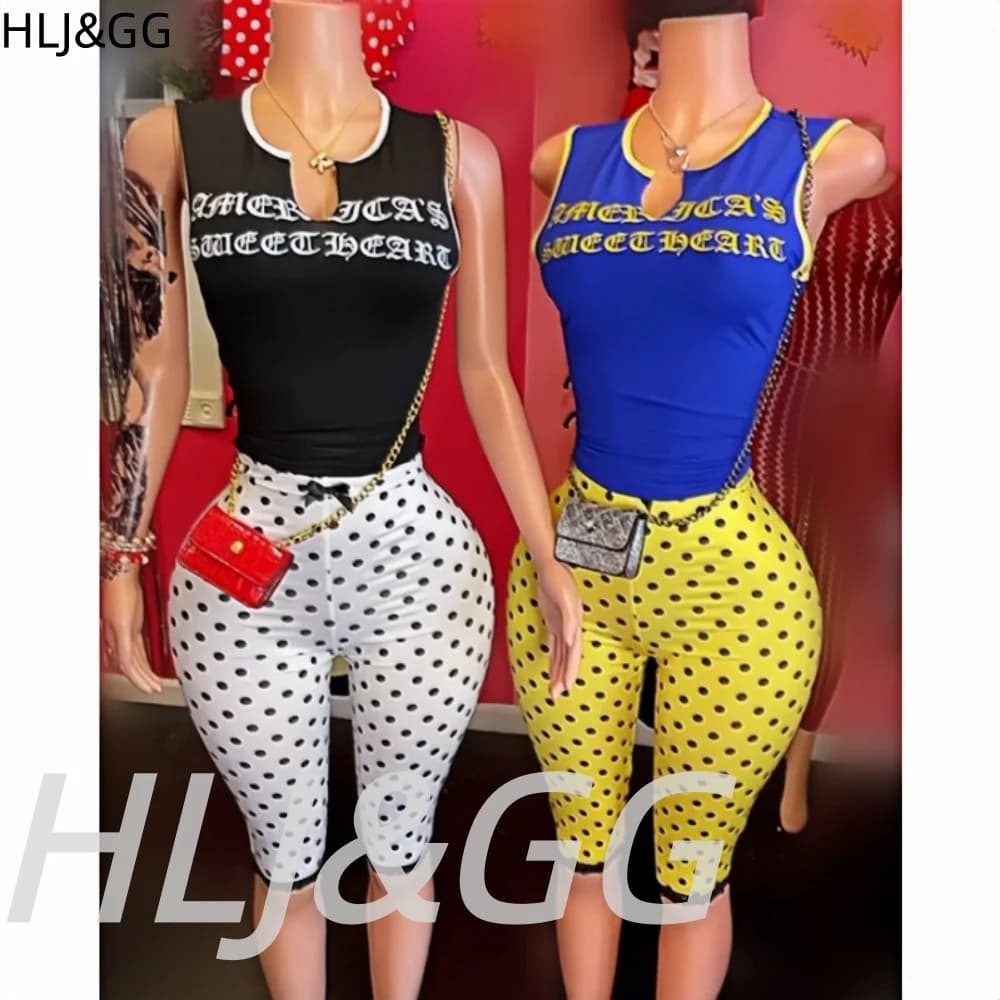 HLJ&GG Trend Y2K Pantaloncini con stampa a pois e fiocco, set da due pezzi, top slim senza maniche con scollo a O e pantaloncini, outfit streetwear