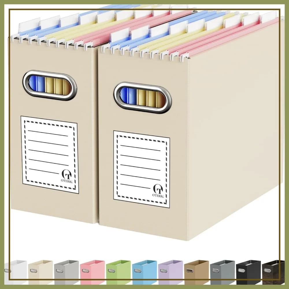 Scatola Portadocumenti Portatile per Archivio a Sospensione Formato Letter, Contenitore per Documenti con Maniglia per Casa, Ufficio e Dormitorio, Beige, Confezione da 2