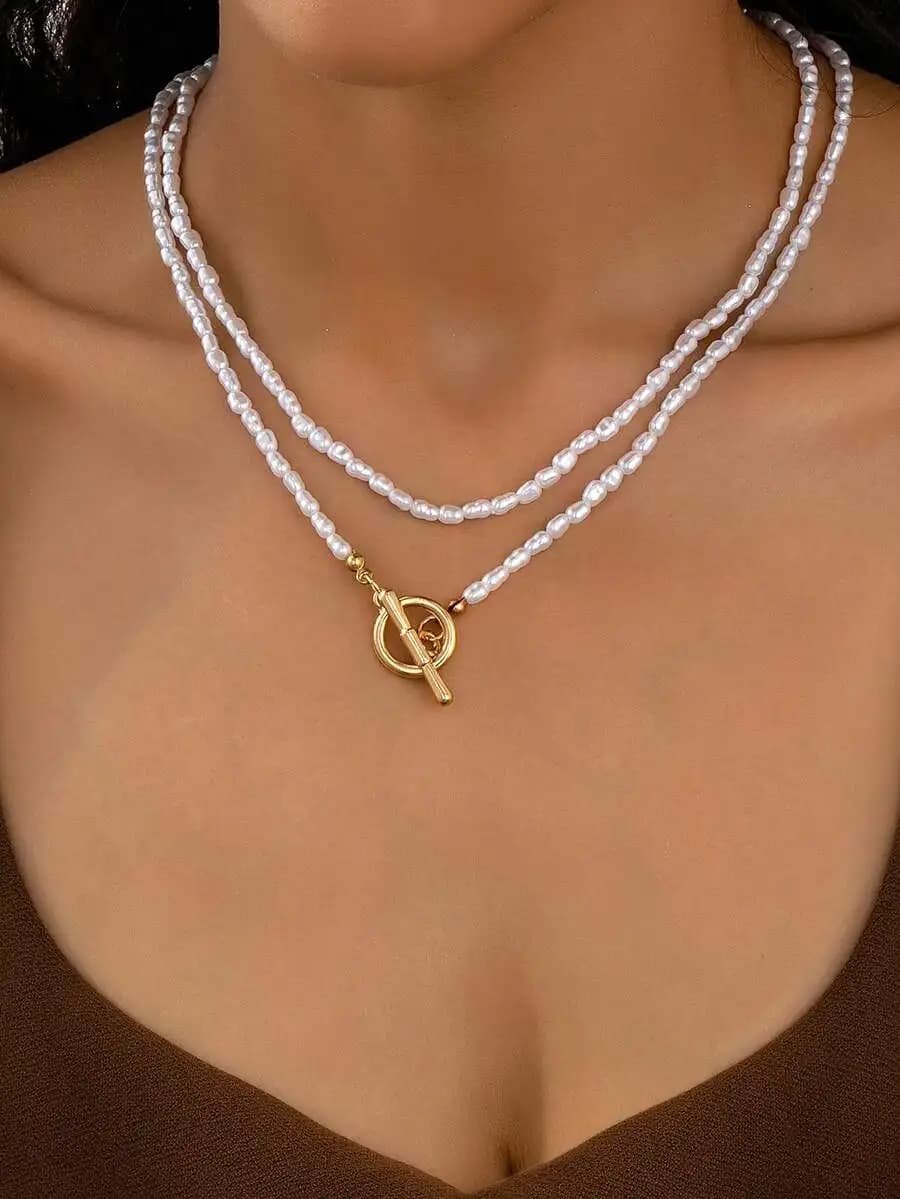 Set di 2 collane girocollo minimaliste con perle finte per donna