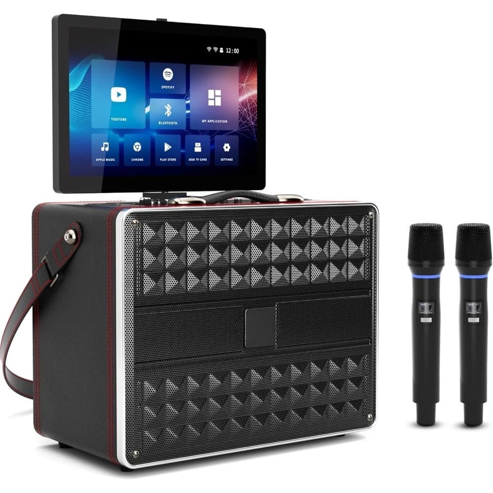 Macchina per karaoke per adulti, con display delle testi, grande altoparlante Bluetooth portatile intelligente 2 microfoni wireless, nero - Popolare