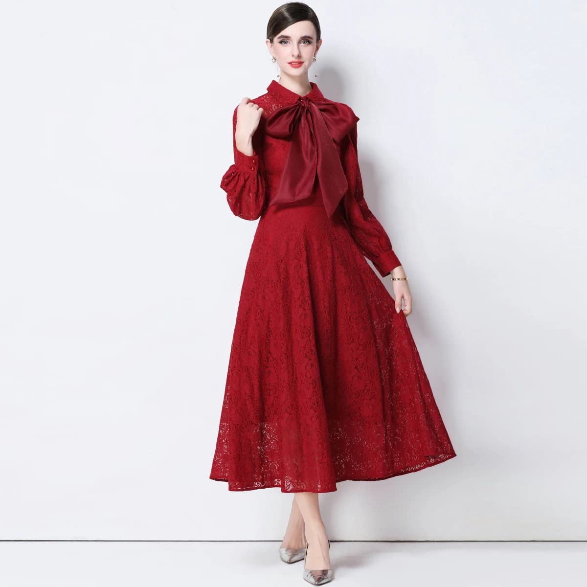 Autumn Vintage Holiday Lace Embroidery Prom Dress For Women's Bow Neck Slim Elegant Long Sleeve Maxi Dress Female Clothing
