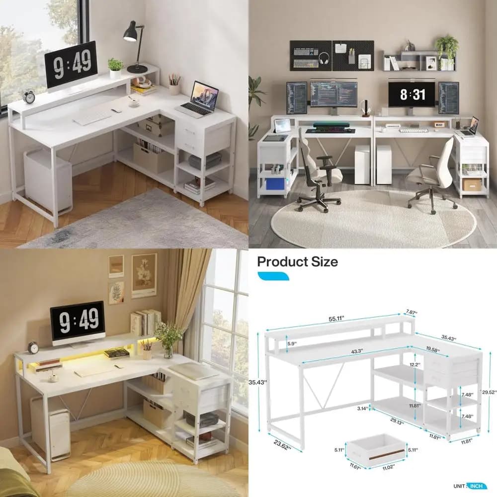 "L-shaped script with container and support for home office monitor, work station desk 55" x 24"