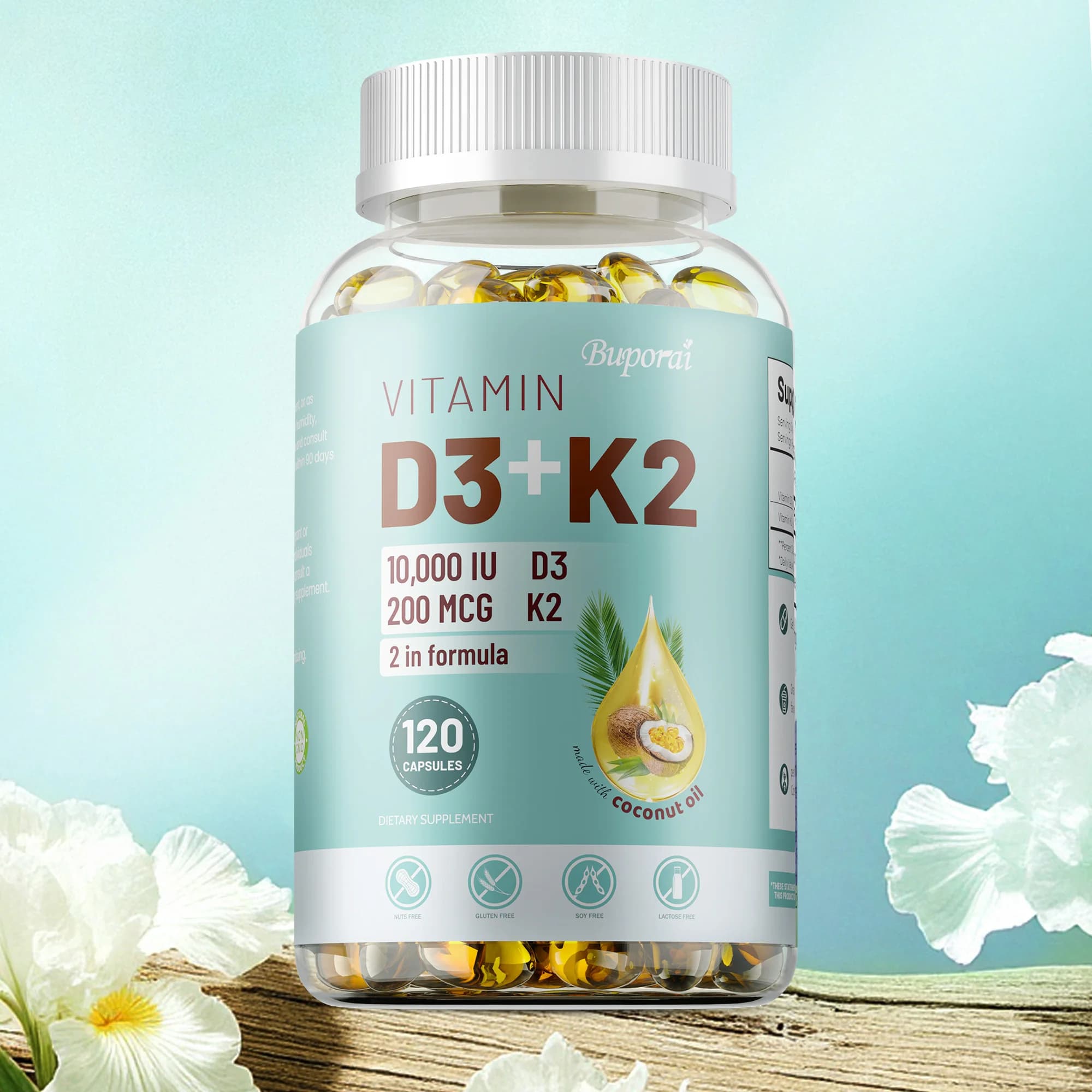 Vitamin D3+K2 supplement: organic coconut oil, calcium absorption, supports teeth, bones, heart health and joints, immune system