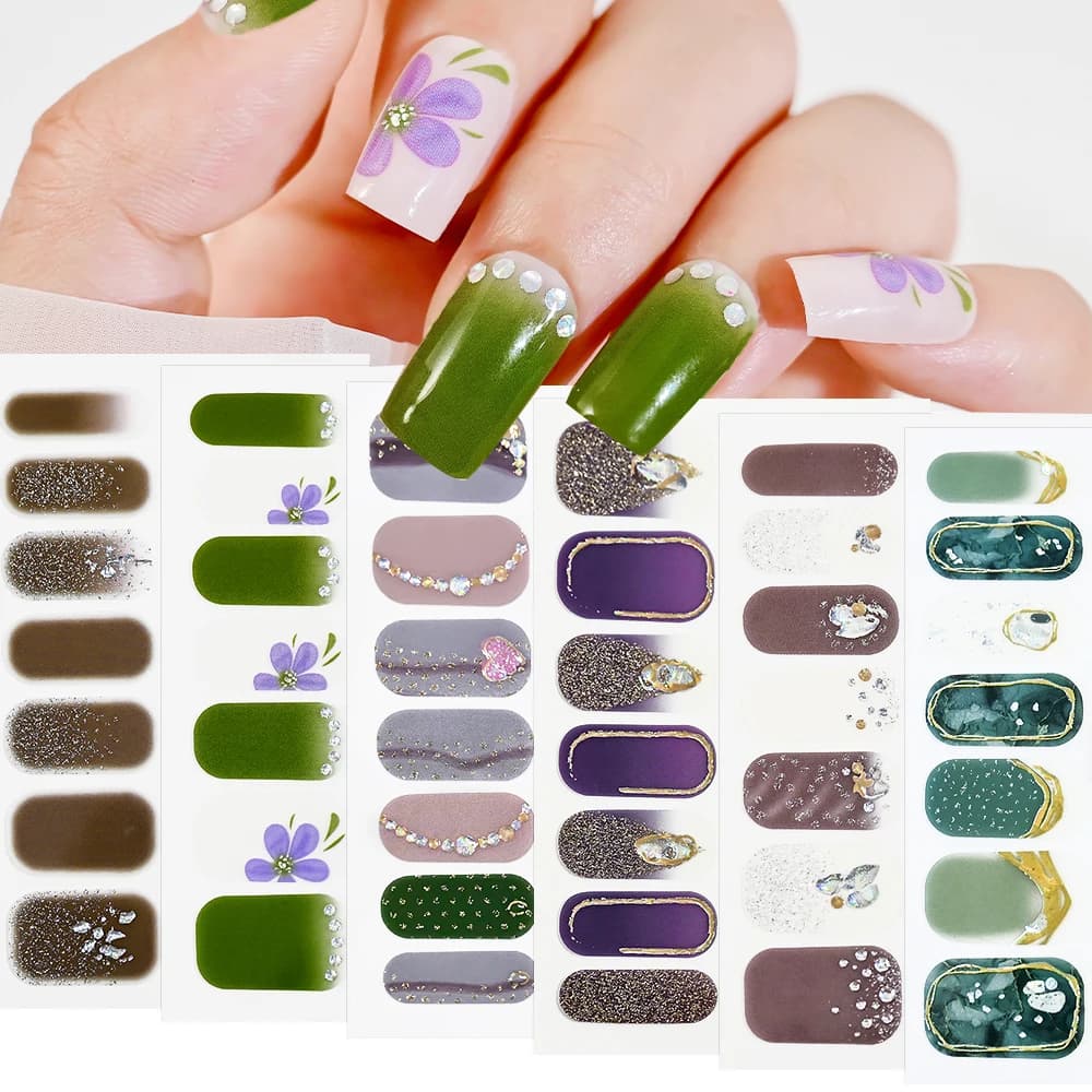 14 punte Strisce per smalto per unghie Modelli di fiori marmorizzati Stick autoadesivo su adesivi per unghie Involucri completi per unghie Strisce per unghie in gel per unghie