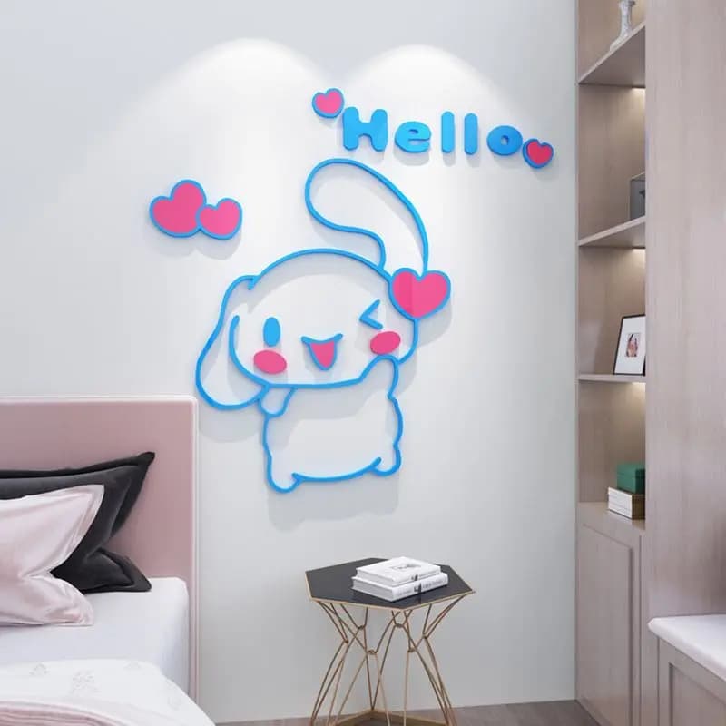 Sanrio Cinnamoroll Adesivo decorativo 3D in acrilico per parete di fondo per cameretta dei bambini, adesivi a specchio, decorazioni per la casa o la cucina