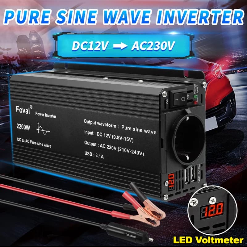 DC 12V pure sinusoidal wave inverter to AC 220V 230V 1500W/2200W/2600W Voltage transfer converter Universal socket EU car accessories