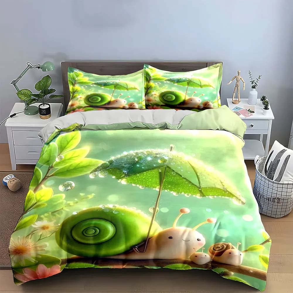 Set di biancheria da letto "Snail Family Nature Decor Set" con 1 copripiumino e 2 federe, singolo, matrimoniale, king, queen, regalo