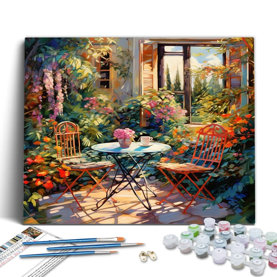 RUOPOTY Kit Pittura con Numeri Paesaggio Giardino Familiare, Quadro con Numeri, Set Pennelli per Acquerello Fai da Te, Decorazione Murale