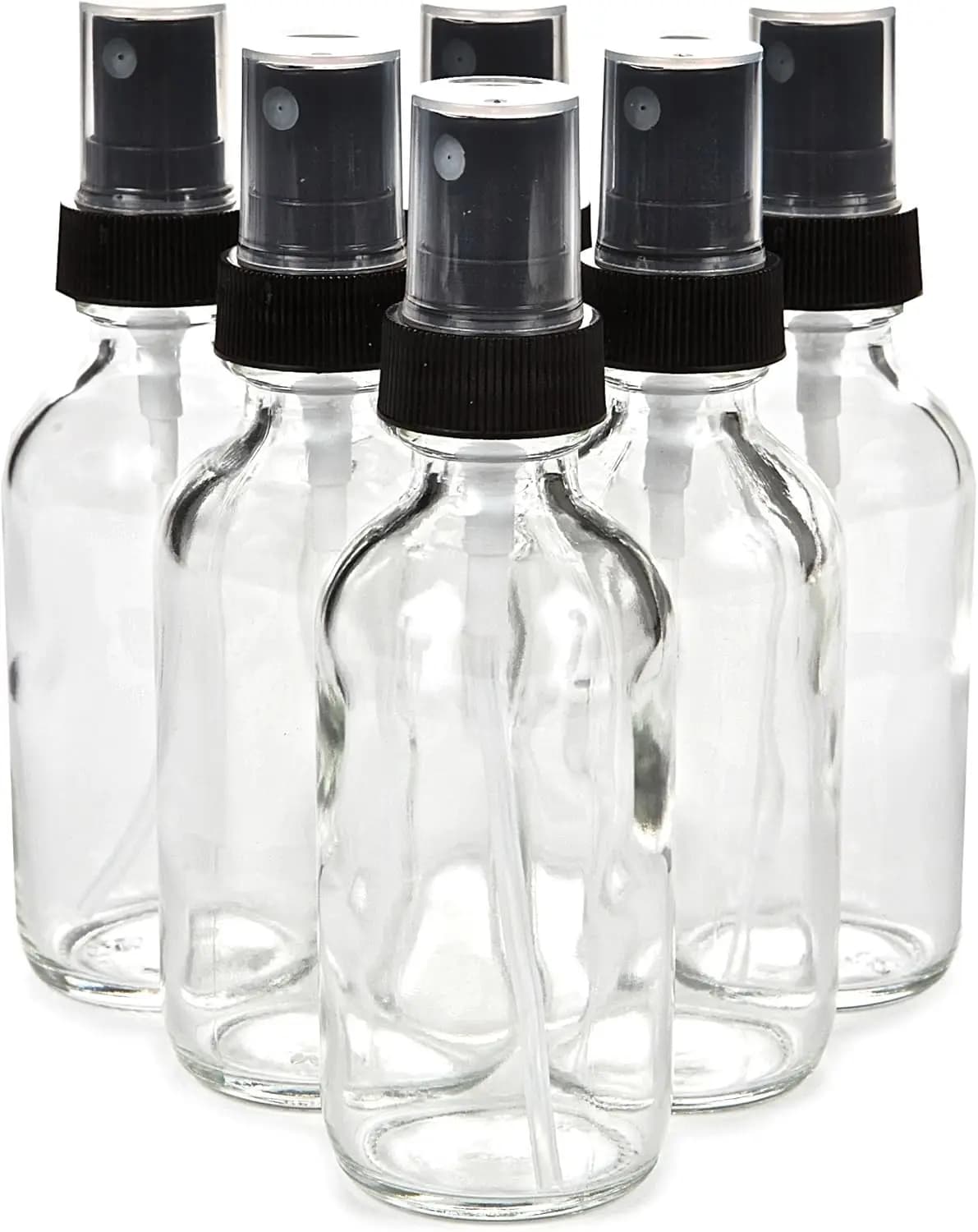 Confezione da 6 flaconi spray in vetro trasparente da 2 oz con spruzzatori a nebulizzazione fine neri, ideali per oli essenziali e profumi