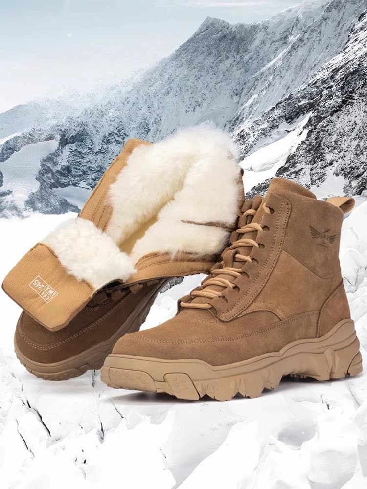 Stivali da neve in pelle scamosciata di mucca di lusso Stivali da lavoro per escursionismo all'aperto da uomo Scarpe invernali impermeabili alte casual in lana spessa da uomo