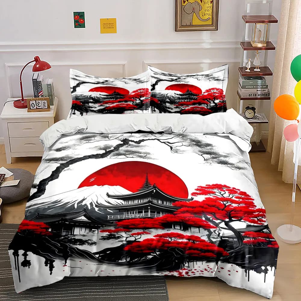 Set copripiumino stampato con estetica giapponese, sole rosso, picchi innevati, 1 copripiumino + 2 federe, decorazioni per la camera da letto in diverse misure
